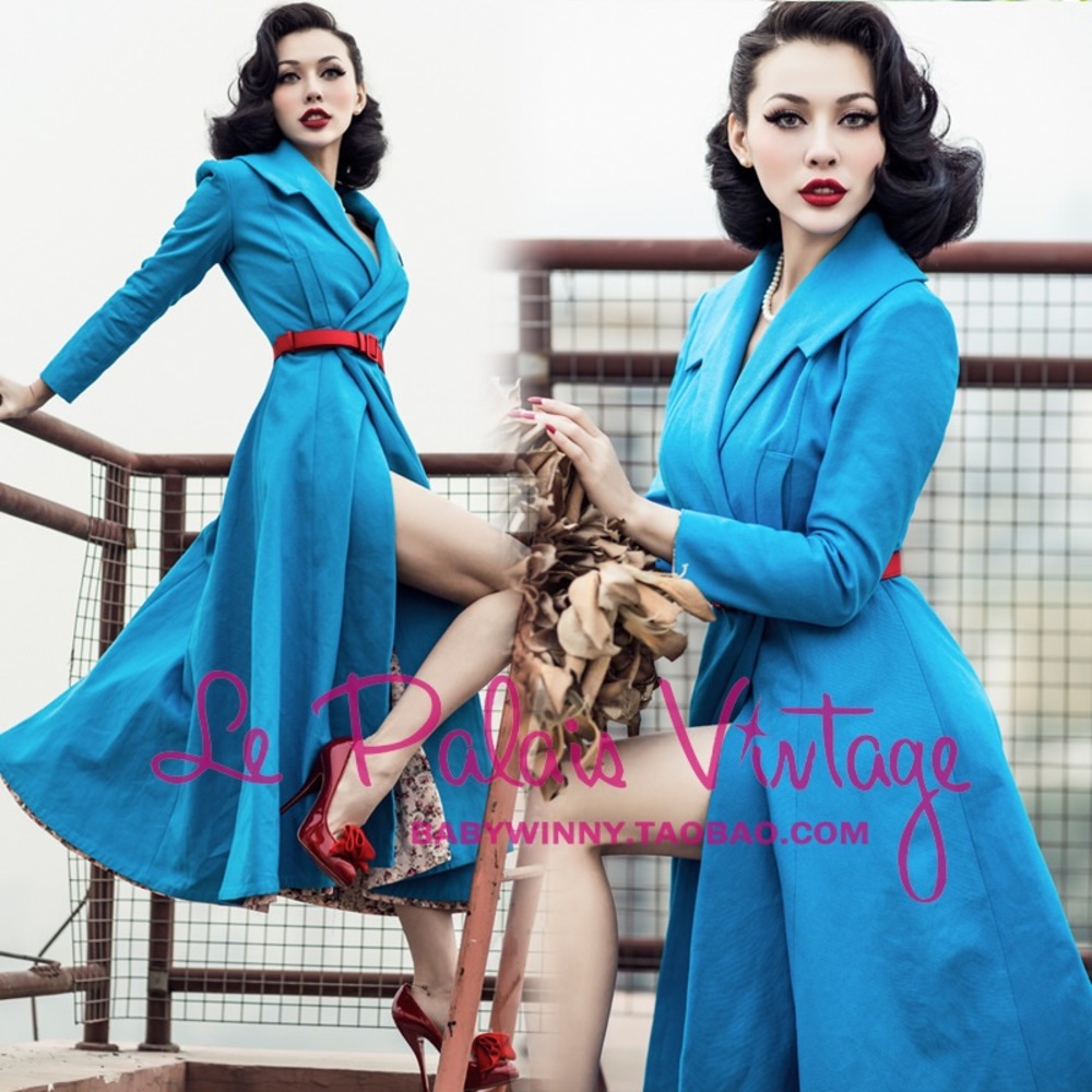 Le Palais Vintage Blue Lapel Collar Circle Coat